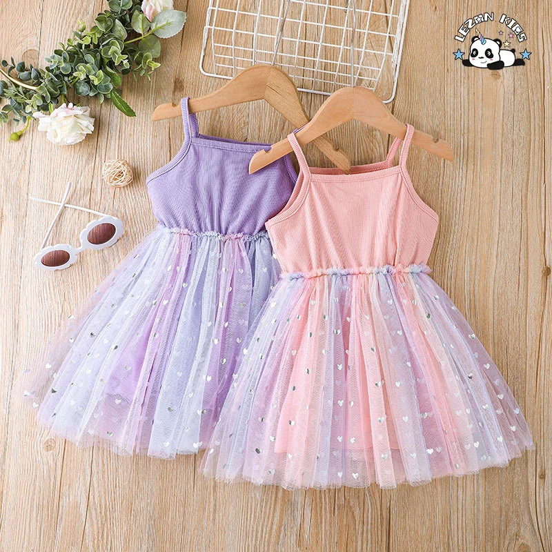 LEZONKIDS - Fornecimento de fábrica de vestido sem mangas de malha macia e confortável para meninas, vestido de tule para meninas